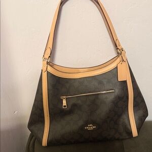 Coach Brown Signature Canvas Hobo with Tan Leather Trim